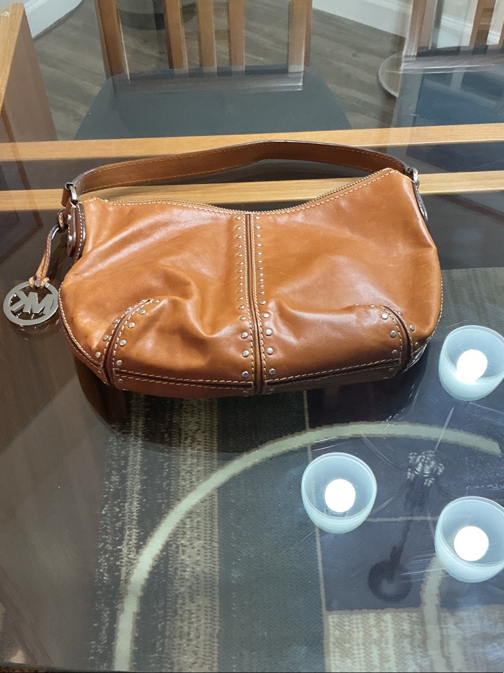 Michael Kors Cognac Leather Stud-Trim Shoulder Bag